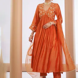 GoSriKi Floral Yoke Design V-Neck Thread Work Anarkali Kurta With Trousers & Dupatta-picture-55