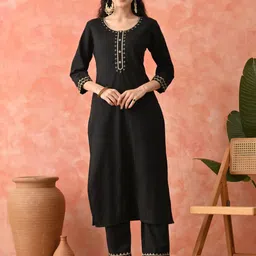 Sangria Embroidered Round Neck Straight Kurta & Trousers-picture-57