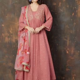 Melange by Lifestyle Floral Embroidered Mirror Work Anarkali Kurta With Trouser & Dupatta-image-46