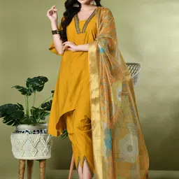 KALINI Floral Yoke Design Zari V-Neck Pure Silk A-Line Kurta With Dhoti Pants & Dupatta-45