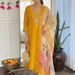 Siya Fashion Floral Yoke Design Thread Work Straight Kurta With Trousers & Dupatta-image-51