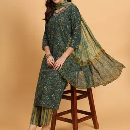 Angkor Women Ethnic Motifs Printed Regular Thread Work Pure Cotton Kurta with Trousers & With Dupatta-picture-2