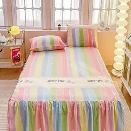 JC HOME Green & Blue Striped 150 TC King Gathered Bedsheet With 2 Pillow Covers-image-94