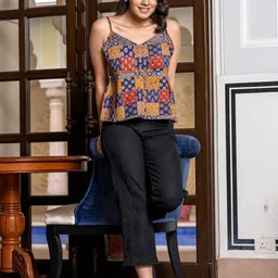 BAESD Women Printed Shoulder Straps Cotton Peplum Top-picture-14