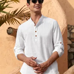 Zombom Men Mandarin Collar Roll-Up Sleeves Kurta-image-39