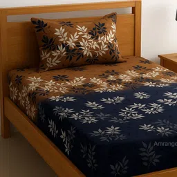 AMRANGE Brown & White Leaf Printed Fitted Microfiber 210TC Singal Bedsheet Set 1.2m x 1.8m-picture-30