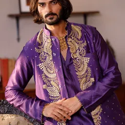PS MEN BY PAYAL SINGHAL Chanderi Silk Kurta with Churidar & Jacket-picture-52