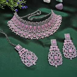 VATSALYA creation Women Pink Rhodium-Plated American Diamond Jewellery Set-39