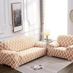 GIFTS ISLAND Beige & White Checked Polyester 3 Piece Sofa Cover With Arms-3