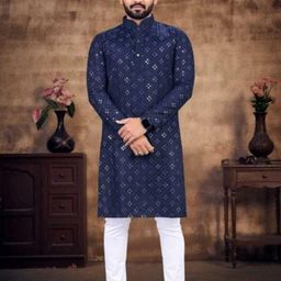 Shivgarmets Men Embellished Straight Kurta (Dark Blue)-image-61