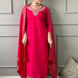 Anouk Floral Embroidered Sequinned Chanderi Silk Straight Kurta With Trousers & Dupatta-44