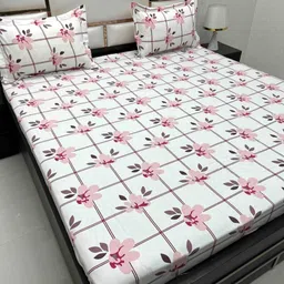 Pure Decor Pink & Pink Floral 350 TC Queen Bedsheet with 2 Pillow Covers-image-124