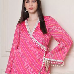 KELIN Women Bandhani Printed V-Neck Flared Sleeves Angrakha Kaftan Kurti-4
