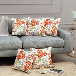 Trance Home Linen Red & Green Set of 5 Floral Square Cushion Covers-18