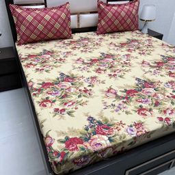 Pure Decor Beige & Red Floral 350 TC King Bedsheet with 2 Pillow Covers-picture-12
