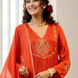 GRIOPY Floral Embroidered A-Line Flared Sequinned Kurta With Trousers & Dupatta image 3