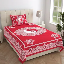 MANDAKINI Red & White Ethnic Printed 144 TC Cotton Single Bedsheet Set 1.82 m x 1.21 m-image-57