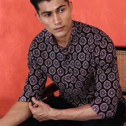 Sangria Men Comfort Slim Fit Band Collar Floral Printed Cotton Casual Shirt-image-43