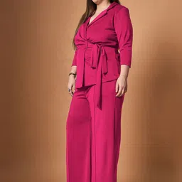 SASSAFRAS Curve Plus Size Lapel Collar Knotted Wrap Top With Trouser image 1