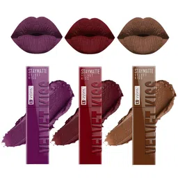 krayons Set Of 3 Velvet Kiss Liquid Lipstick -3.5ml Each-Burgundy-Wow Maroon-Caramel Candy-19