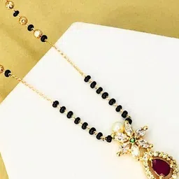 Jewelry Miguel Women Gold-Plated Red Stone & Pearl Drop Pendant Black Beaded Mangalsutra-11