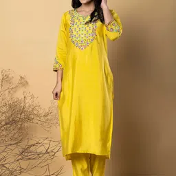 Readiprint Floral Embroidered Mirror Work Straight Kurta with Trousers-image-5