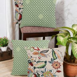 IVAZA Green & Beige Set of 4 Floral Square Cushion Covers-25