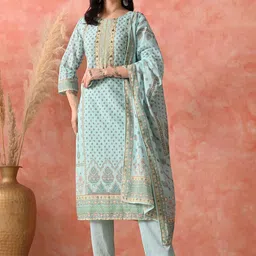HARIKS Ethnic Motifs Printed Round Neck Pure Cotton Straight Kurta & Trousers With Dupatta-picture-39