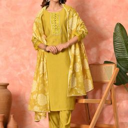 Sangria Floral Yoke Design Gotta Patti Chanderi Silk Straight Kurta & Trouser With Dupatta-image-57