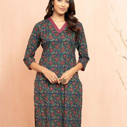 VASTRAMAY Floral Printed V-Neck Pure Cotton Straight Kurta-image-81