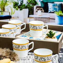 SONAKI White & Grey 6 Pieces Floral Printed Mugs 120ml-image-1