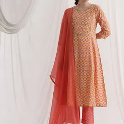 Khushal K Women Geometric Printed Pure Cotton A-Line Kurta with Palazzos & Dupatta-picture-1