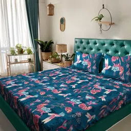 Arrabi Blue & Pink Floral 300 TC King Bedsheet with 2 Pillow Covers-image-68
