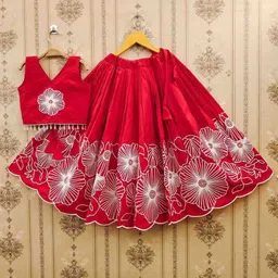DHRUV CREATION Girls Floral Embroidered Thread Work Silk Ready to Wear Lehenga & Choli-image-52