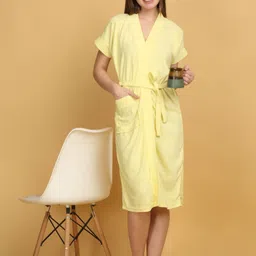 Creeva Yellow Kimono Collar Everyday Bath Robe-image-18