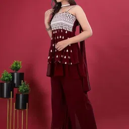 PARROT CREATION Floral Embroidered Thread Work Georgette Kurti With Palazzos And Dupatta image 4