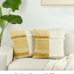 House This Yellow & White Set of 2 Checked Square Cushion Covers-7