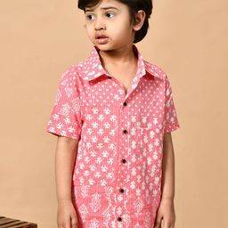 MoMaa Boys Comfort Relaxed Fit Spread Collar Floral Printed Cotton Casual Shirt-79