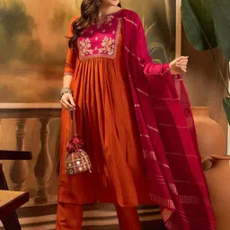 Sangria Floral Yoke Design Notch Neck Sequinned Chinon Silk Kurta With Trousers & Dupatta-picture-11