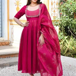 GoSriKi Thread Work Anarkali Kurta With Trouser & Dupatta-image-10