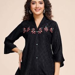 MOJILAA Floral Embroidered Bell Sleeve Shirt Style Top-image-10