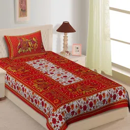 POORAK Red & White Jaipuri Print Pure Cotton 104 TC Single Bedsheet with 1 Pillow Cover-30