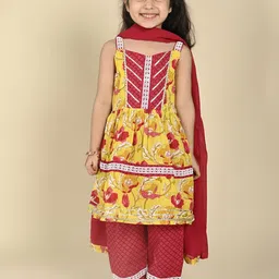 LIL PITAARA Girls Floral Printed Regular Gotta Patti Pure Cotton Kurti with Trousers-picture-46