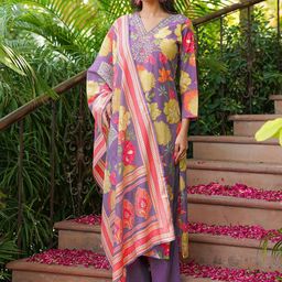 KALINI Floral Printed V-Neck Thread Work Straight Kurta With Trousers & Dupatta-picture-2