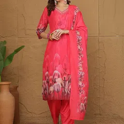 Anouk Floral Printed V-Neck Thread Work Straight Kurta With Trousers And Dupatta-18