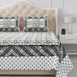 BELLA CASA Grey & White Floral Printed 180 TC Cotton King Bedsheet Set 2.20 m x 2.72 m-picture-0