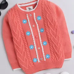 Yellow Apple Kids Cable Knit Self Design Embroidered Acrylic Pullover-image-99