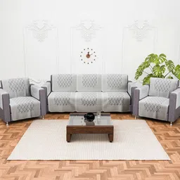 RUBOXA Grey & White 16 Pieces Self Design Cotton 5 Seater Sofa Covers With Arms-6