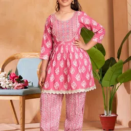 BAESD Girls Ethnic Motifs Printed Regular Pure Cotton Kurti with Trousers-image-65