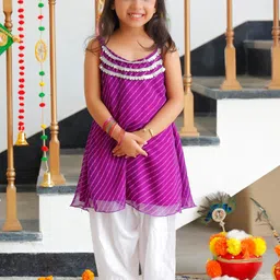Thread & Button Girls Leheriya Regular Thread Work Silk Chiffon Kurta with Trousers image 2